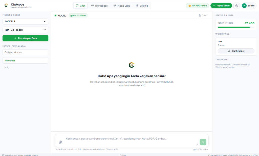 Tampilan terbaru Chatcode Windows v2.0.1 AI Agent